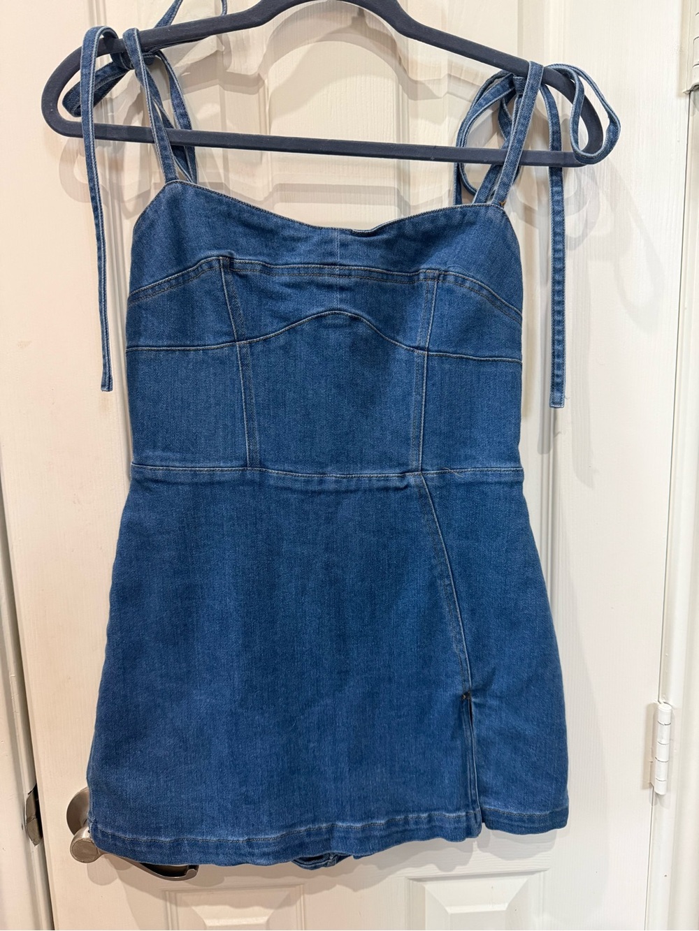 Denim Tie-Shoulder Mini Dress in Classic Blue
